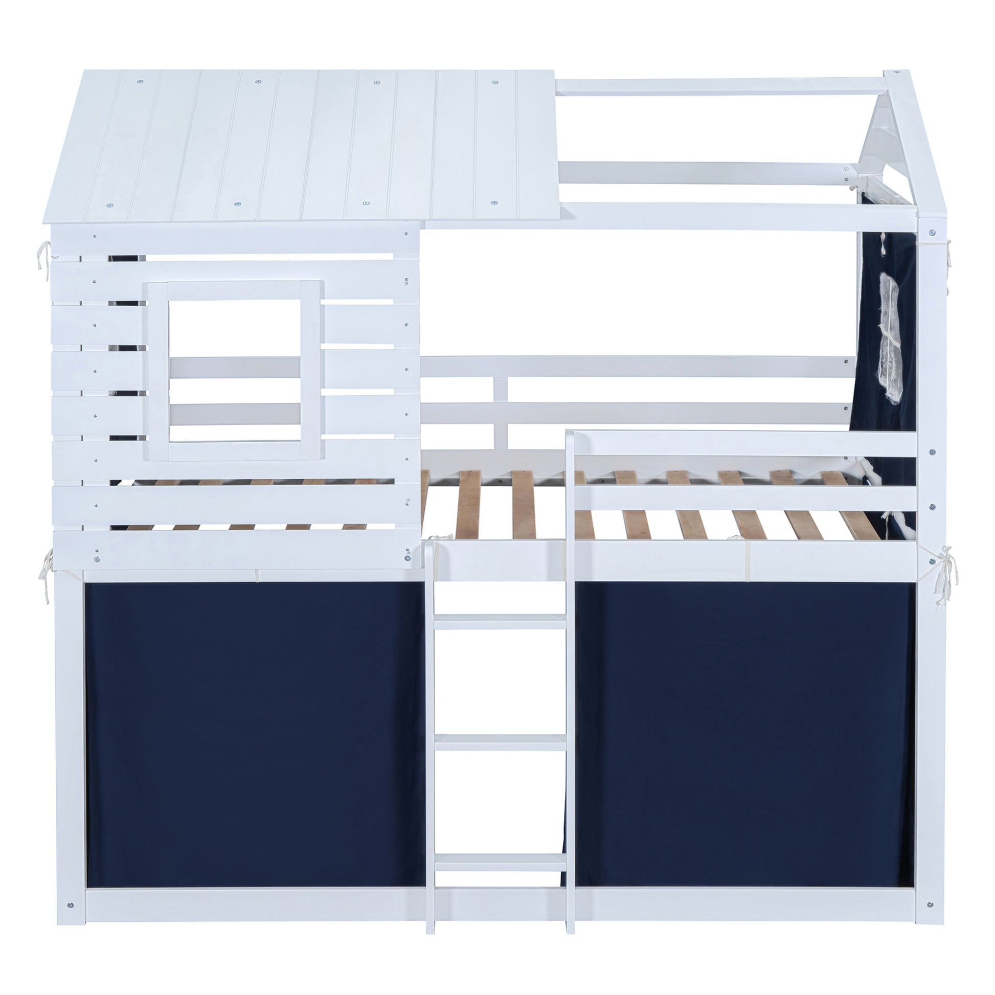 Twin Size Bunk Wood House Bed With Tent, Blue White Twin Blue Solid Wood Mdf