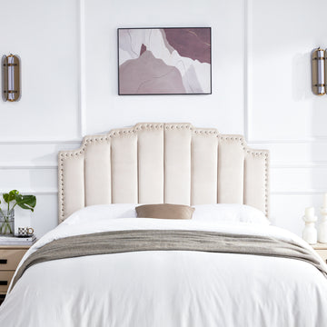 Mid Century Headboard For King Size Bed, Velvet Upholstered Tufted Bed Headboard With Decor, Adjustable Curved Solid Wood Head Board Vertical Channel Design Beige King Beige Bedroom Modern Rubberwood Bed Frame Velvet Rubber Wood