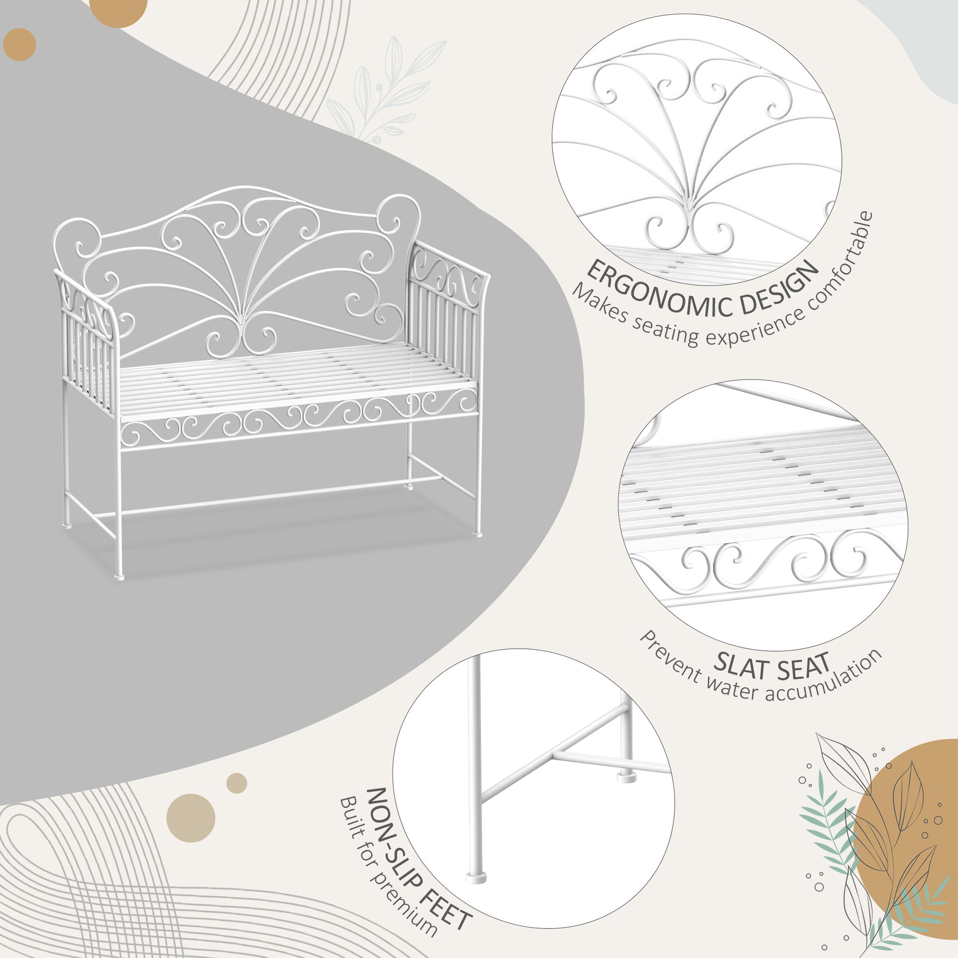 Outsunny 43" Garden Bench, Outdoor Patio Bench With Armrests, Metal Porch Bench For Backyard, Poolside, Lawn, Cream White White Iron