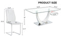 Table And Chair Set.Contemporary, Minimalist Rectangular Dining Table Featuring A Clear Tempered Glass Top And Sleek Silver Legs. Paried With Chairs Made Of Pu Material Cushion And Silver Metal Legs. White Seats 8 Glass Metal