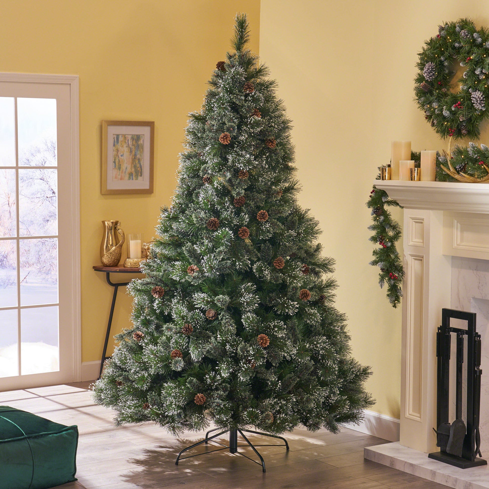 7' Faux Cashmere And Snow Bristle Mixed Tree With 75 Pine Cones And 1233 Tips,Dia.:59 Green Pvc