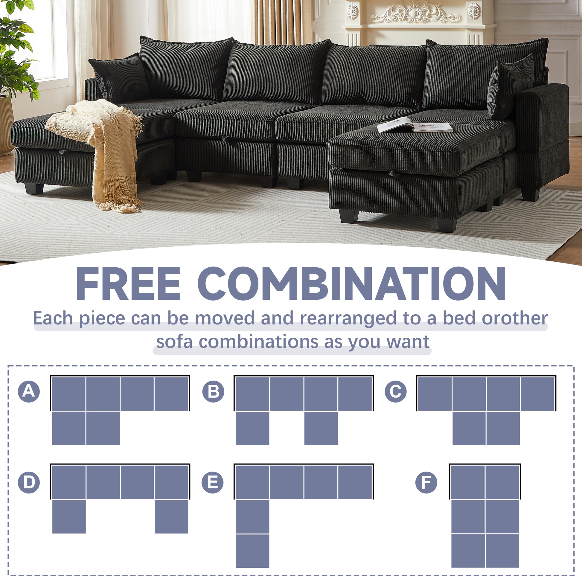 113.5'' Modular Sectiona Corduroy Sofa, Sectional Couches For Living Room U Shaped Sectional Couch With Storage Ottoman, 6 Seats Convertible Sectionals With Chaise Black Corduroy 6 Seat