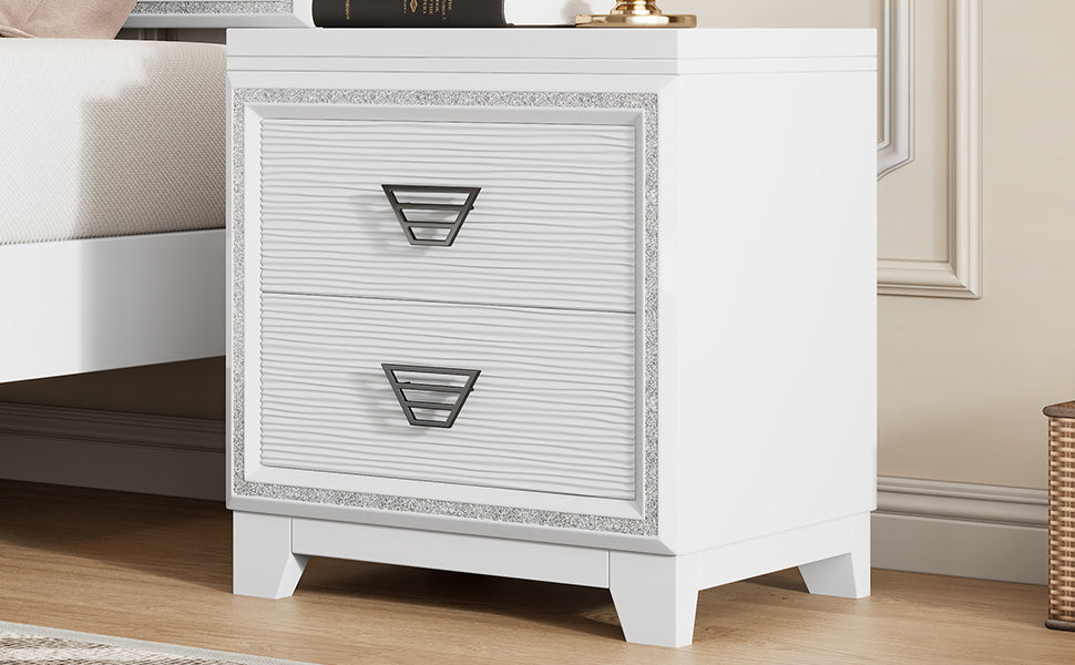 Elegant Nightstand With Metal Handle And Sparkling Shiny Decoration, Bedside Table With 2 Drawers For Bedroom, Living Room, White White 2 Drawers Mdf