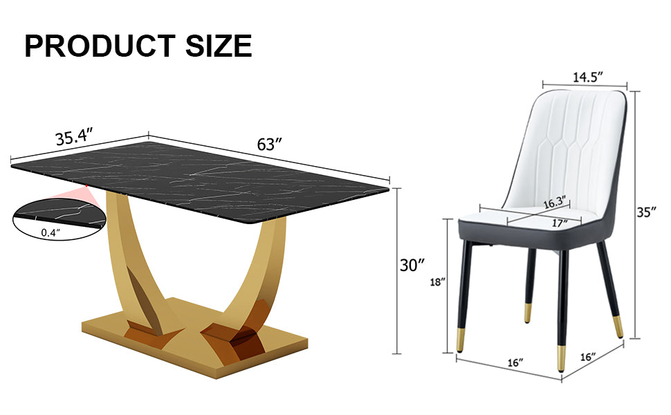 Table And Chair Set.Modern Rectangular Dining Table With Black Textured Stickers Glass Tabletop And Gold Plated Metal Legs.Paried With 6 Comfortable Chairs With Pu Seats And Black Metal Legs. Black