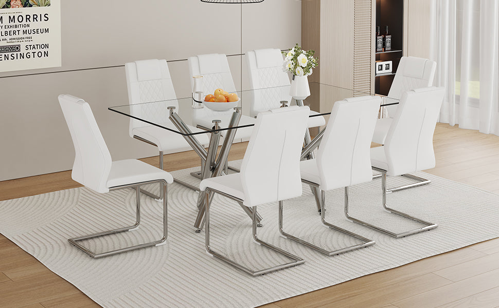 Table And Chair Set.Large Minimalist Rectangular Glass Dining Table For 6 8 With 0.39" Tempered Glass Tabletop And Silver Chrome Metal Legs.Paried With Comfortable Chairs With Pu Seats And Metal Legs. Silver Seats 8 Glass Metal