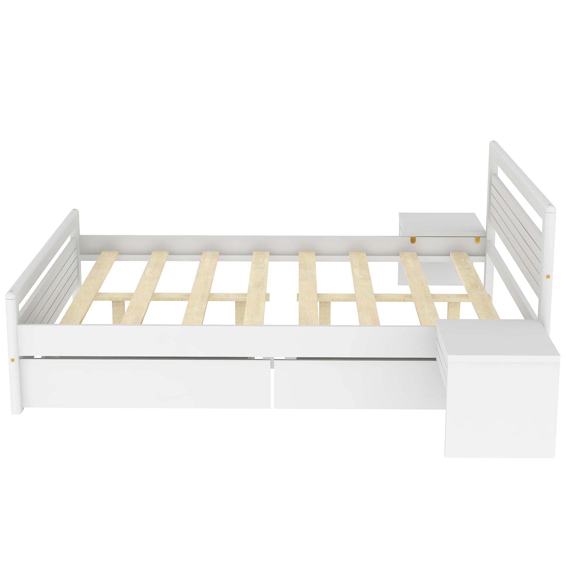 Queen Size Wooden Platform Bed With 2 Storage Drawers And 2 Bedside Tables, White Queen White Pine