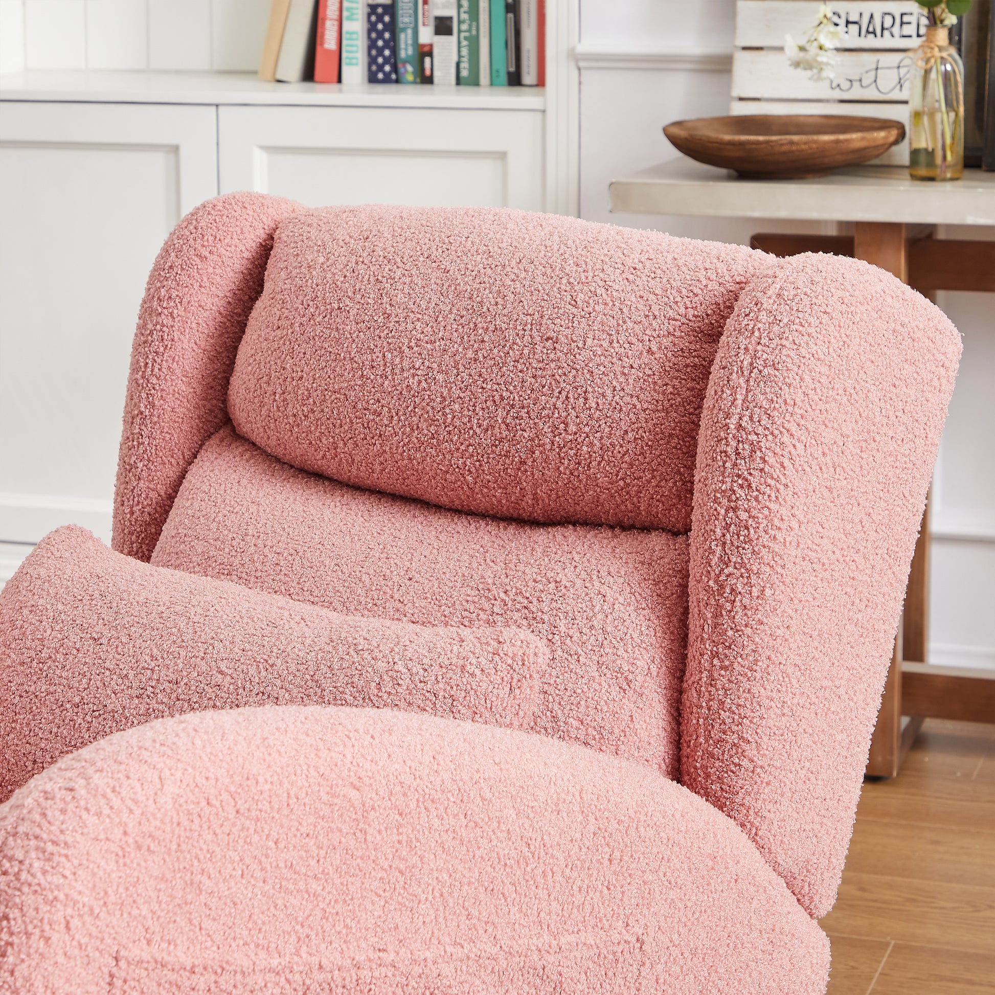 27.2"W Modern Accent High Backrest Living Room Lounge Arm Rocking Chair, Two Side Pocket Pink Foam Fabric