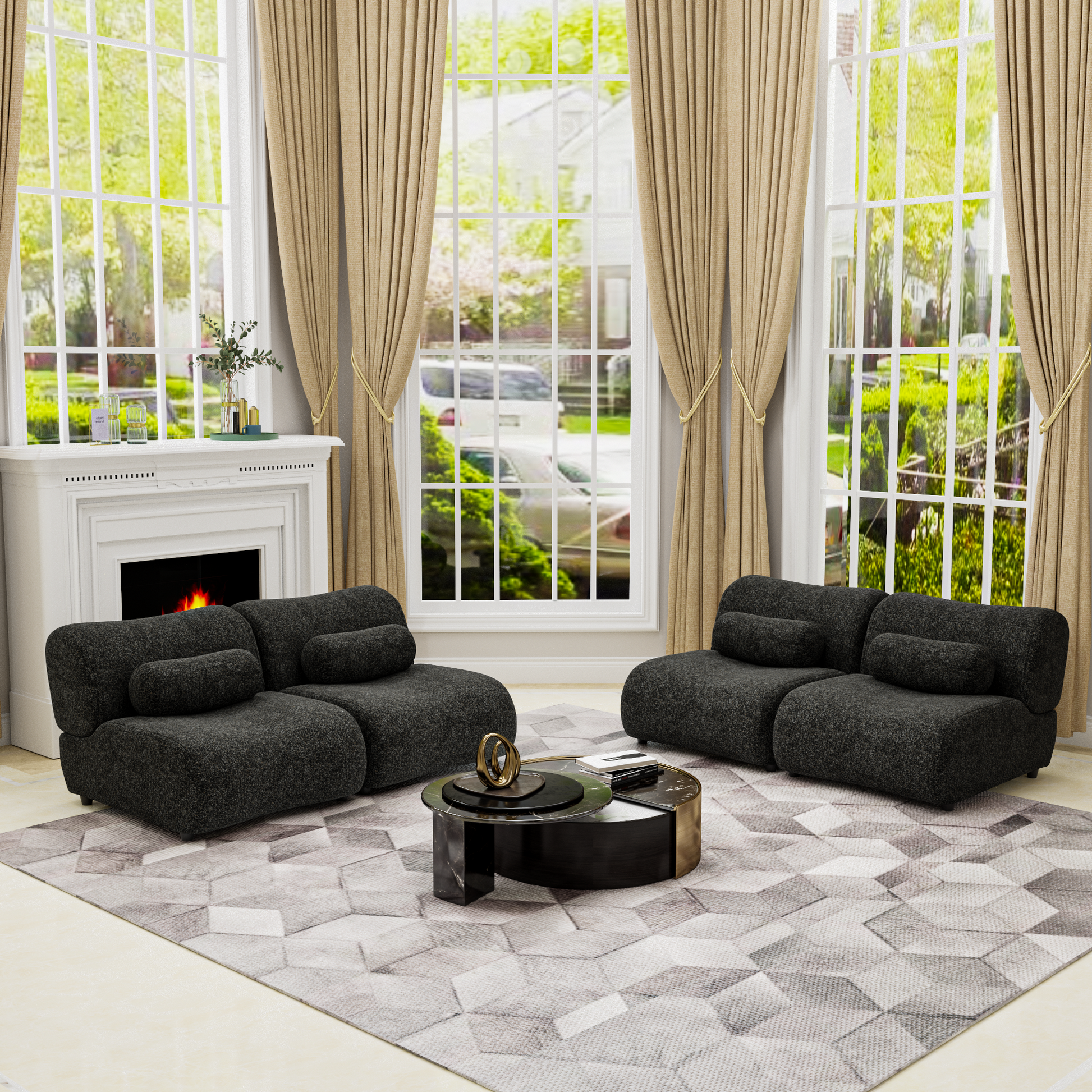 Modern Oversized Modular Sofa Set Chenille Fabric Living Room Sofa With Cylindrical Pillows, Freely Arrangeable, Perfect For Home And Lounge Spaces Black Chenille 4 Seat