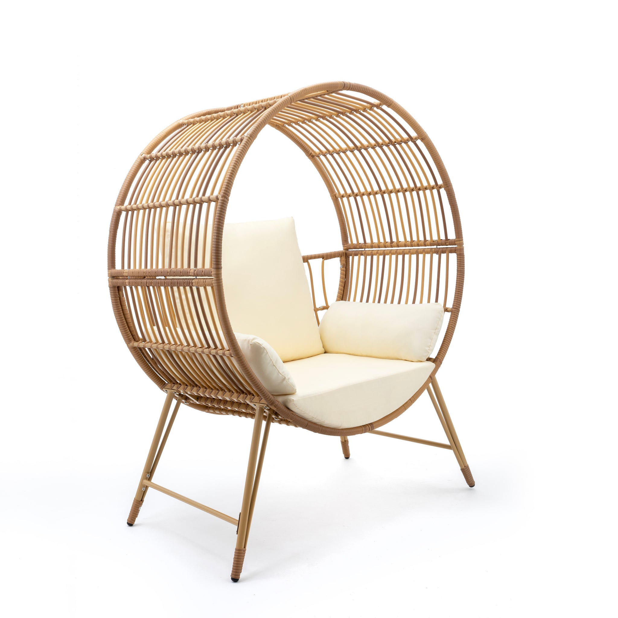 Round Wicker Outdoor Egg Chair, Beige Ancient Oak Rattan Metal