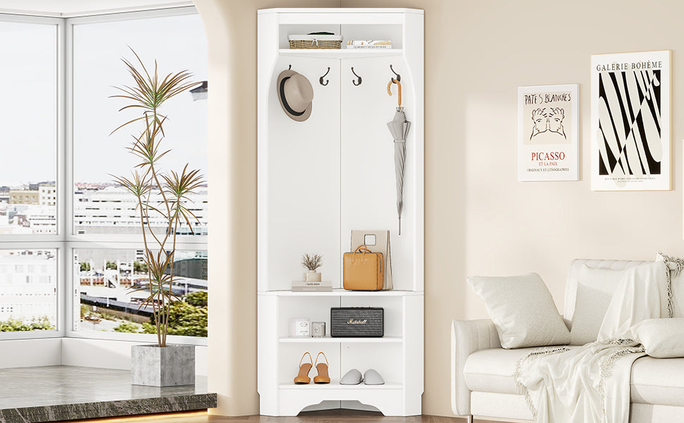 Minimalist Corner Hall Tree With Shoe Bench, Versatile Entryway Coat Rack With 4 Hooks, Corner Cabinet With Adjustable Shelf For Hallway, Living Room, White, 29.5''W*71.6''H White Particle Board