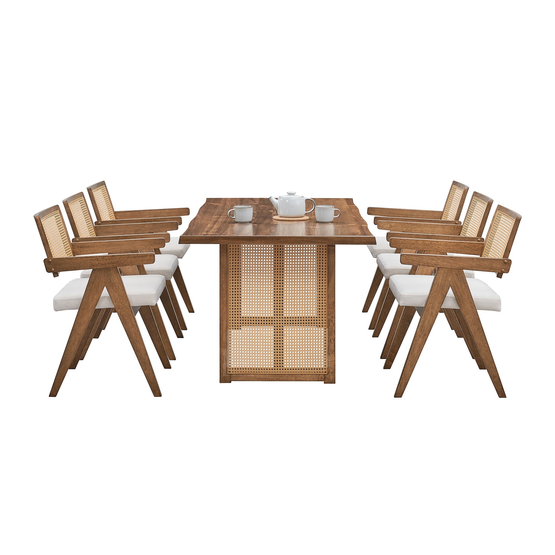 70.87 Inch Large Rectangular Dining Set,5 Pcs Wooden Dining Table And Chairs,Mid Century Modern Large Kitchen Set For Living Room,Bohemian Dining Table With Rattan Weave For Restaurant,Office,Oak