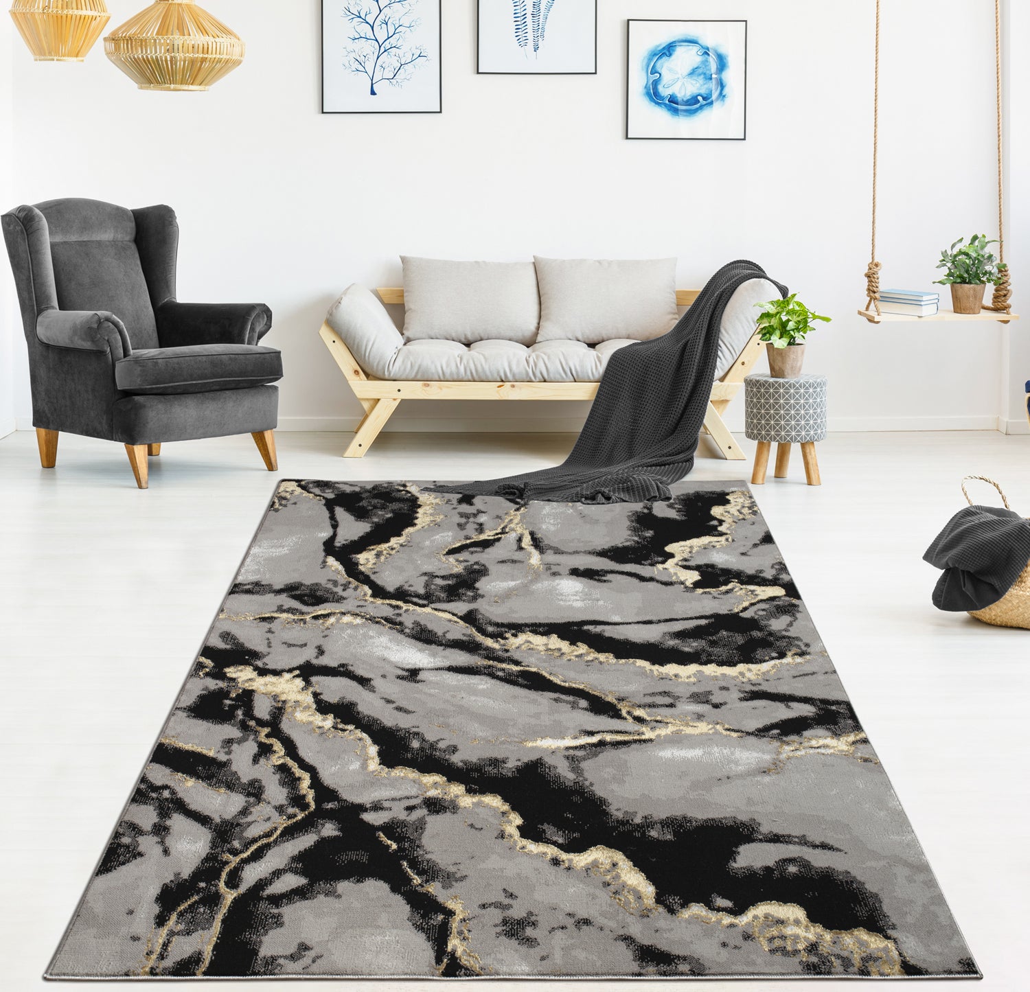 "Tali" Luxury Area Rug In Grey And Black Abstract Design Multicolor Polyester