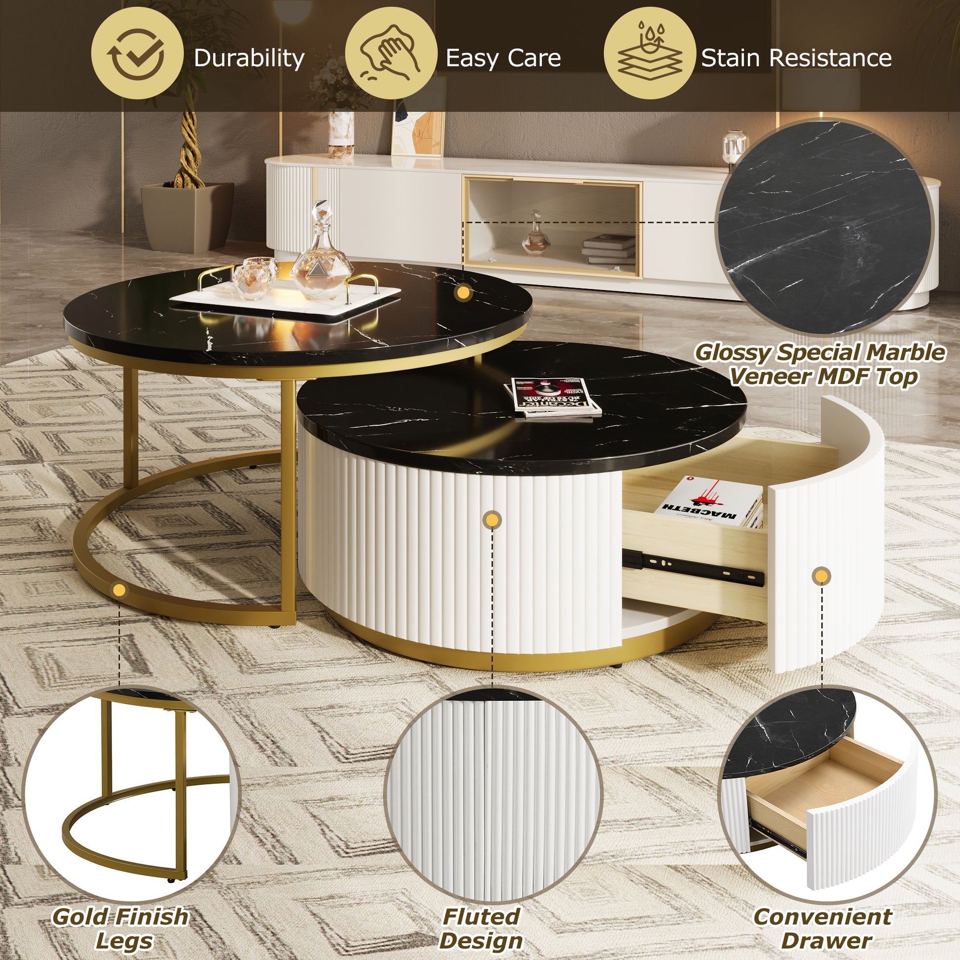 Modern Round Nesting Coffee Table Fluted With Drawer In Black & Gold In 31.5'' Golden Black Drawers Coffee & End Tables Glossy Round Metal Mdf Pedestal