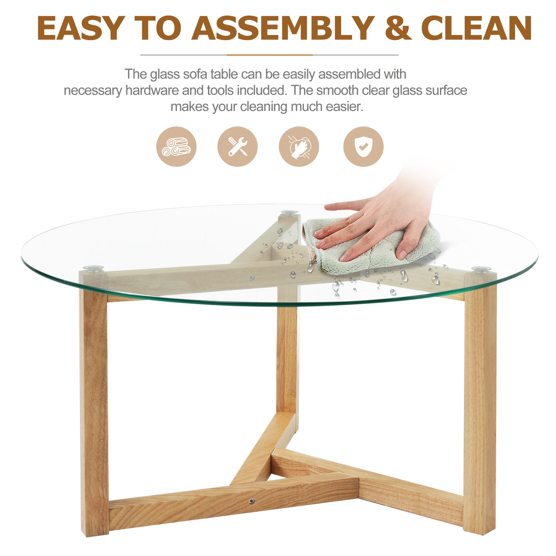 Picture Round Glass Coffee Table Modern Cocktail Table Easy Assembly With Tempered Glass Top & Sturdy Wood Base, Natural Old Sku: Wf190112Aal Natural Glass