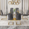 Table And Chair Set.Modern Rectangular Dining Table With Transparent Tempered Glass Tabletop And Gold Plated Metal Legs.Paried With 6 Comfortable Chairs With Pu Seats And Golden Metal Legs. Grey Gold,Transparent Seats 6 Glass Metal