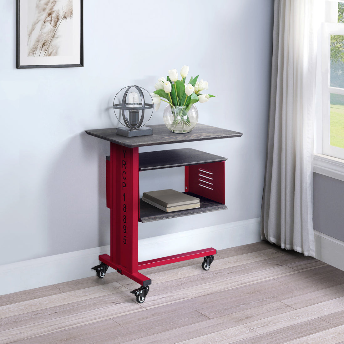 Red Accent Table And Wall Shelf Set Red Primary Living Space Contemporary Rectangular Wood Metal