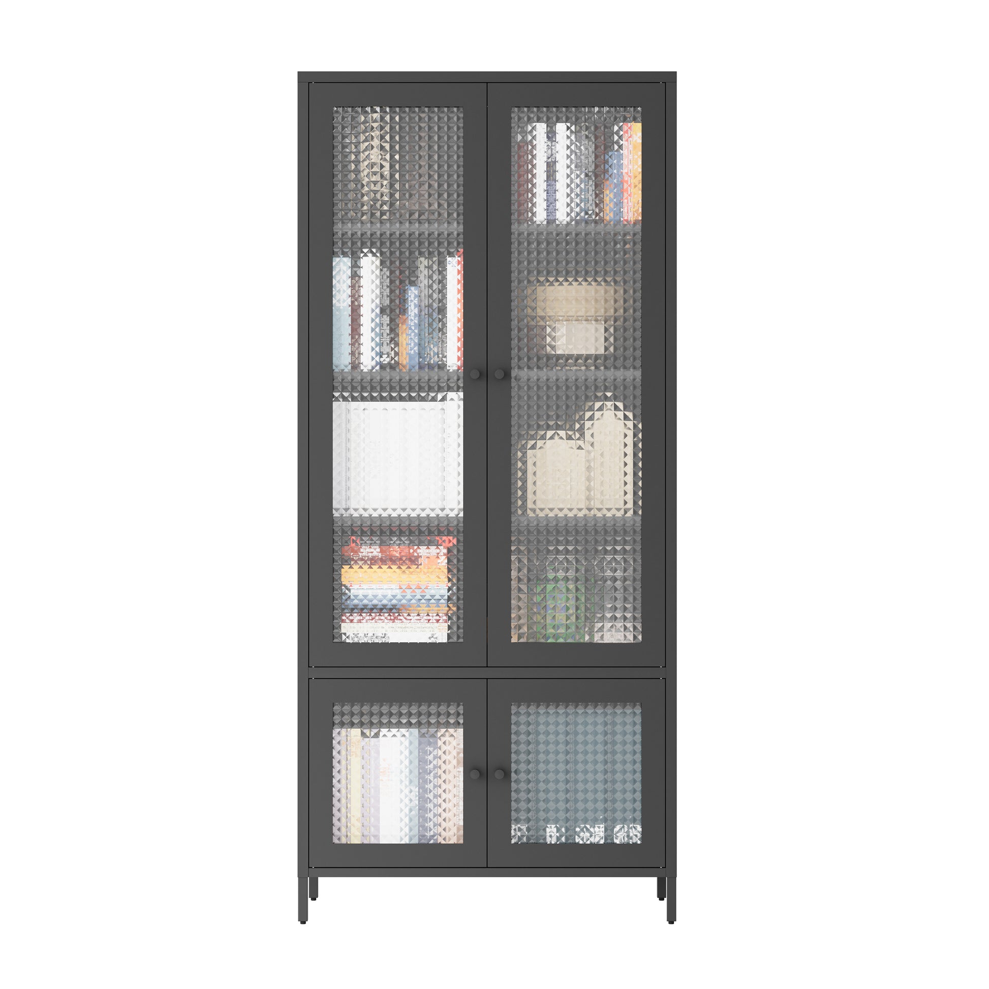 Large Metal Storage Cabinet Display Cabinet With 4 Glass Doors 5 Shelves Side Cabinet Bookcase Freestanding Cabinet For Bedroom Living Room Pantry Home Office Black, Waffle Grids Tempered Glass Freestanding 5 Or More Spaces Black Office Glass Doors