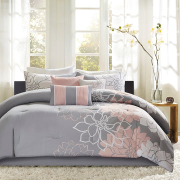 Printed Cotton Sateen Comforter Set Grey Peach Twin Twin Xl Twin Grey Peach Polyester