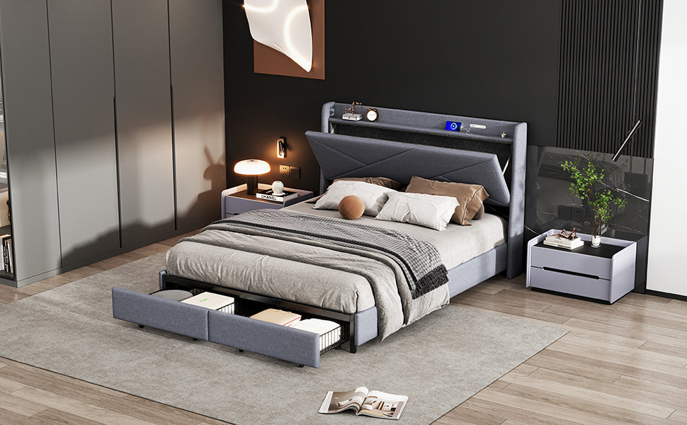 Queen Size Upholstery Platform Bed With Storage Headboard, Led, Usb Charging And 2 Drawers, Gray Queen Gray Upholstered
