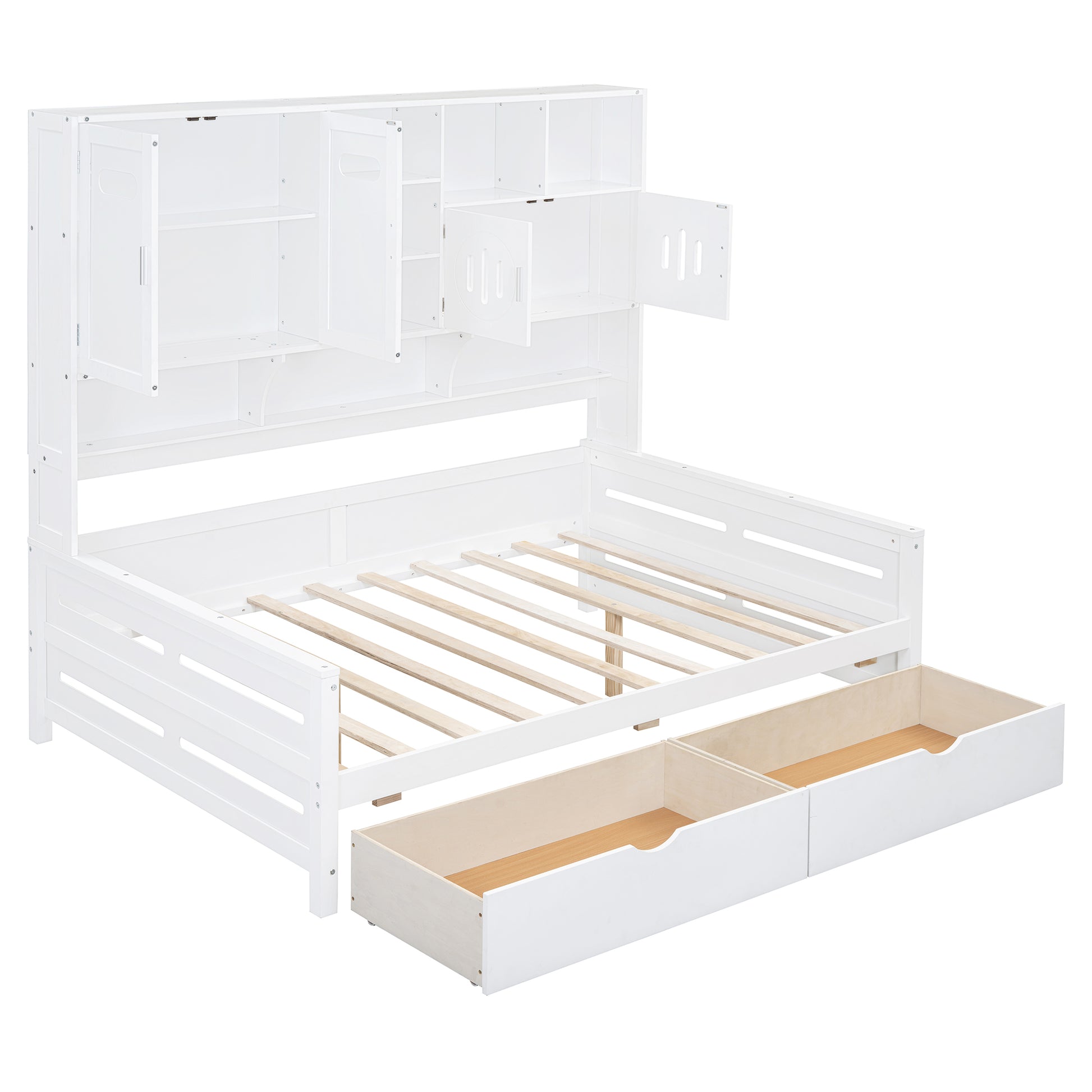 Full Size Wooden Daybed With 2 Drawers, And All In One Cabinet And Shelf, White Full White Wood