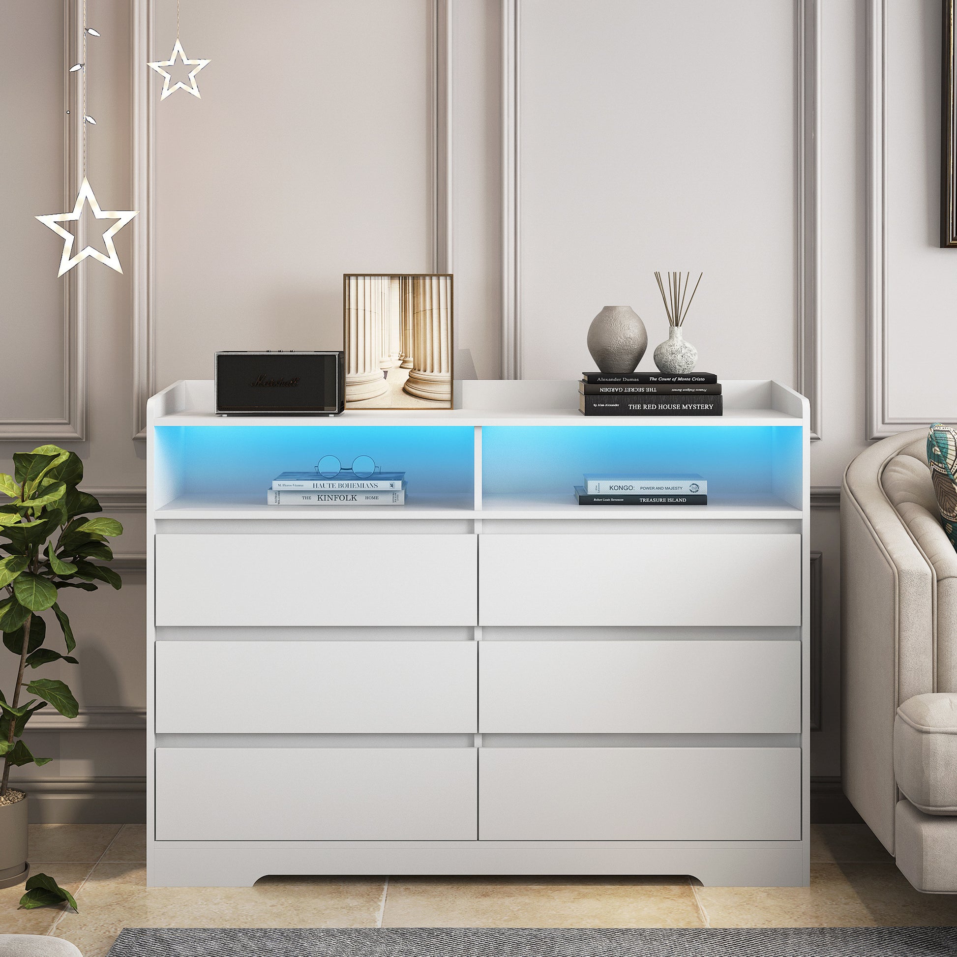 6 Drawer Dresser, White Dresser For Bedroom With Led Lights, Modern Dressers & Chests Of Drawers With Sturdy Frame For Living Room, Entryway, Hallway White Mdf