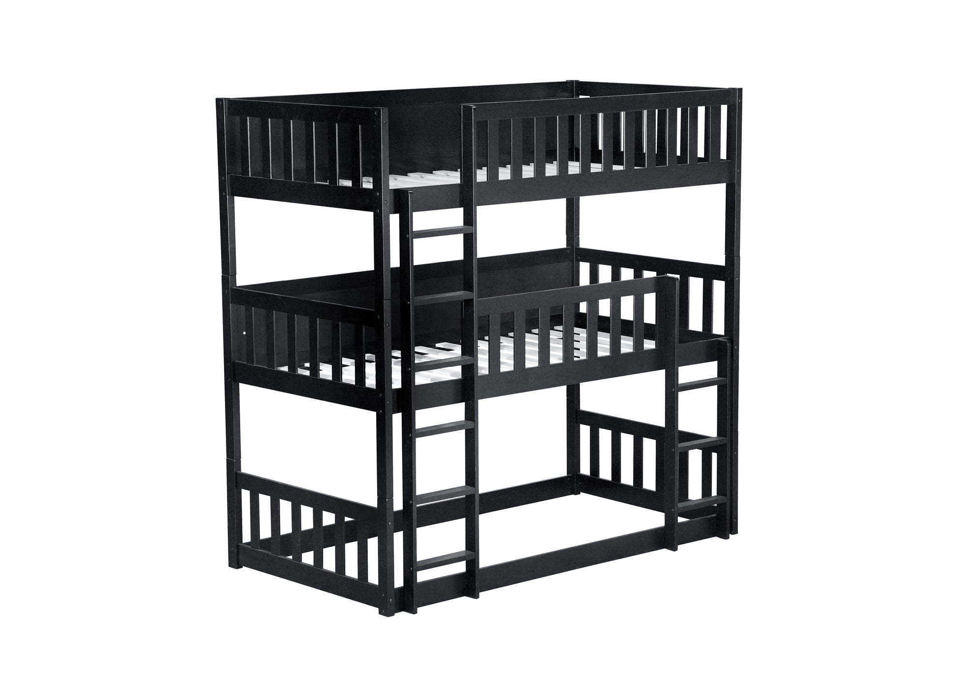 Twin Size Triple Rubber Wood Bunk Bed, With Ladders, Guardrails Detachable Bunk Bed, Twin Over Twin Over Twin,Black Twin Black Bedroom American Design Bed Frame Rubber Wood