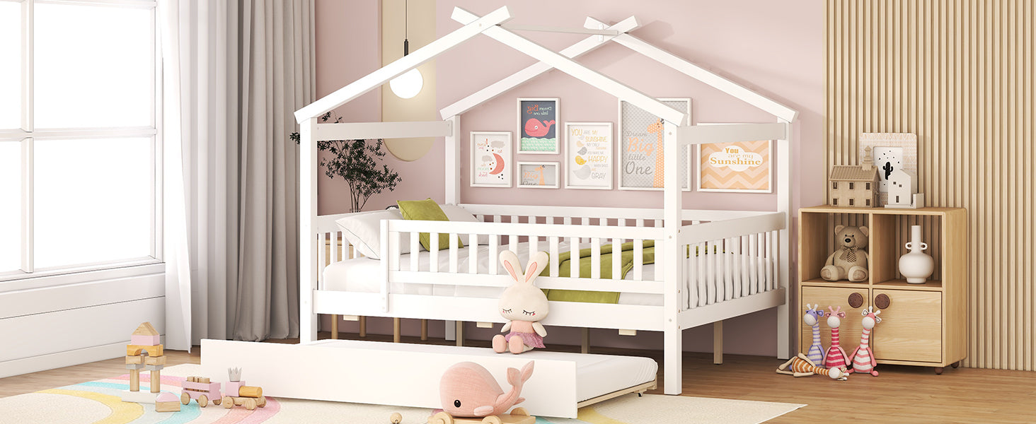 Full Size Wooden House Bed With Twin Size Trundle, White Full White Solid Wood Mdf
