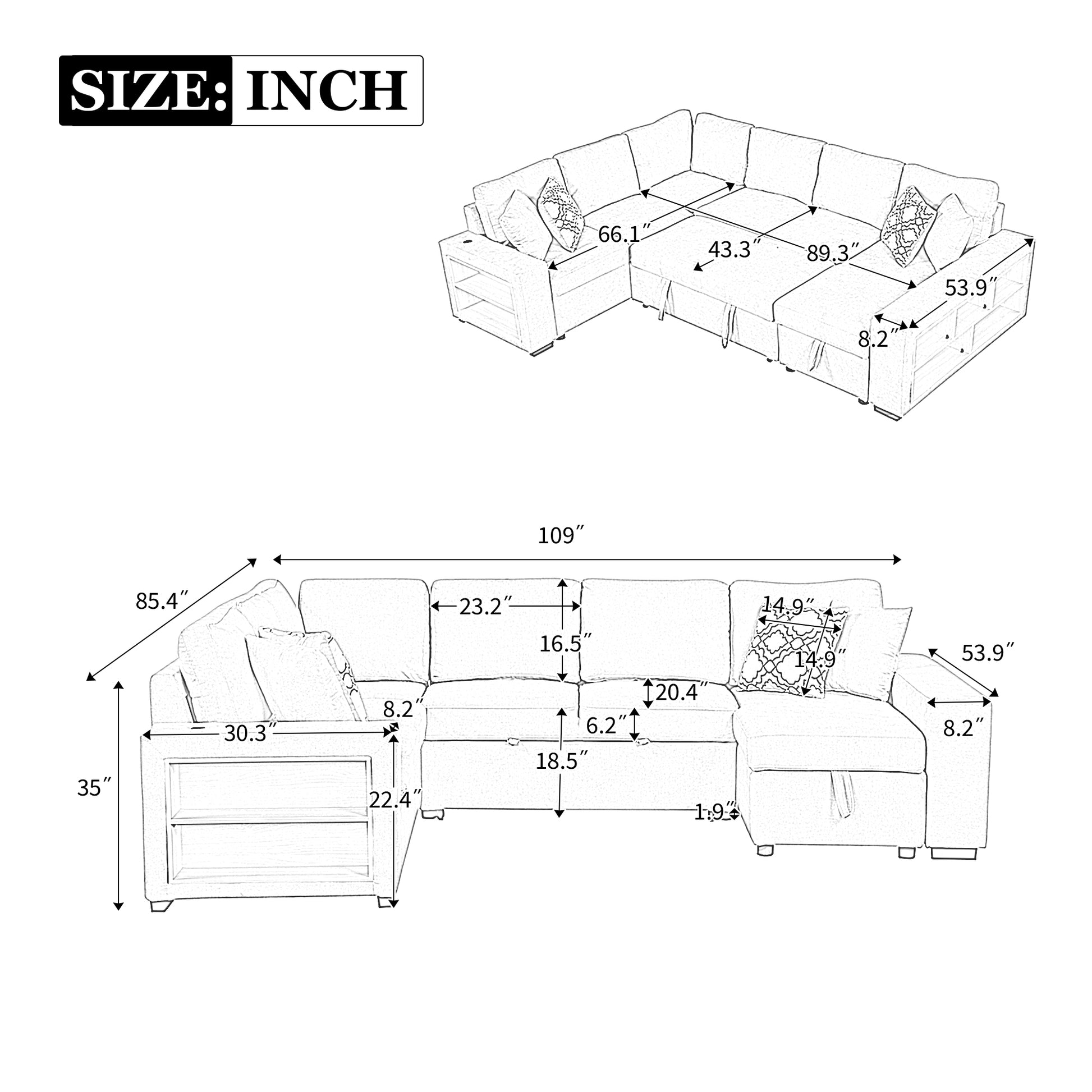 109" U Shaped Sectional Sofa Pull Out Sofa Bed With Two Usb Ports, A Storage Chaise Lounge And Four Back Pillows For Living Room, Grey Grey Foam Chenille 5 Seat