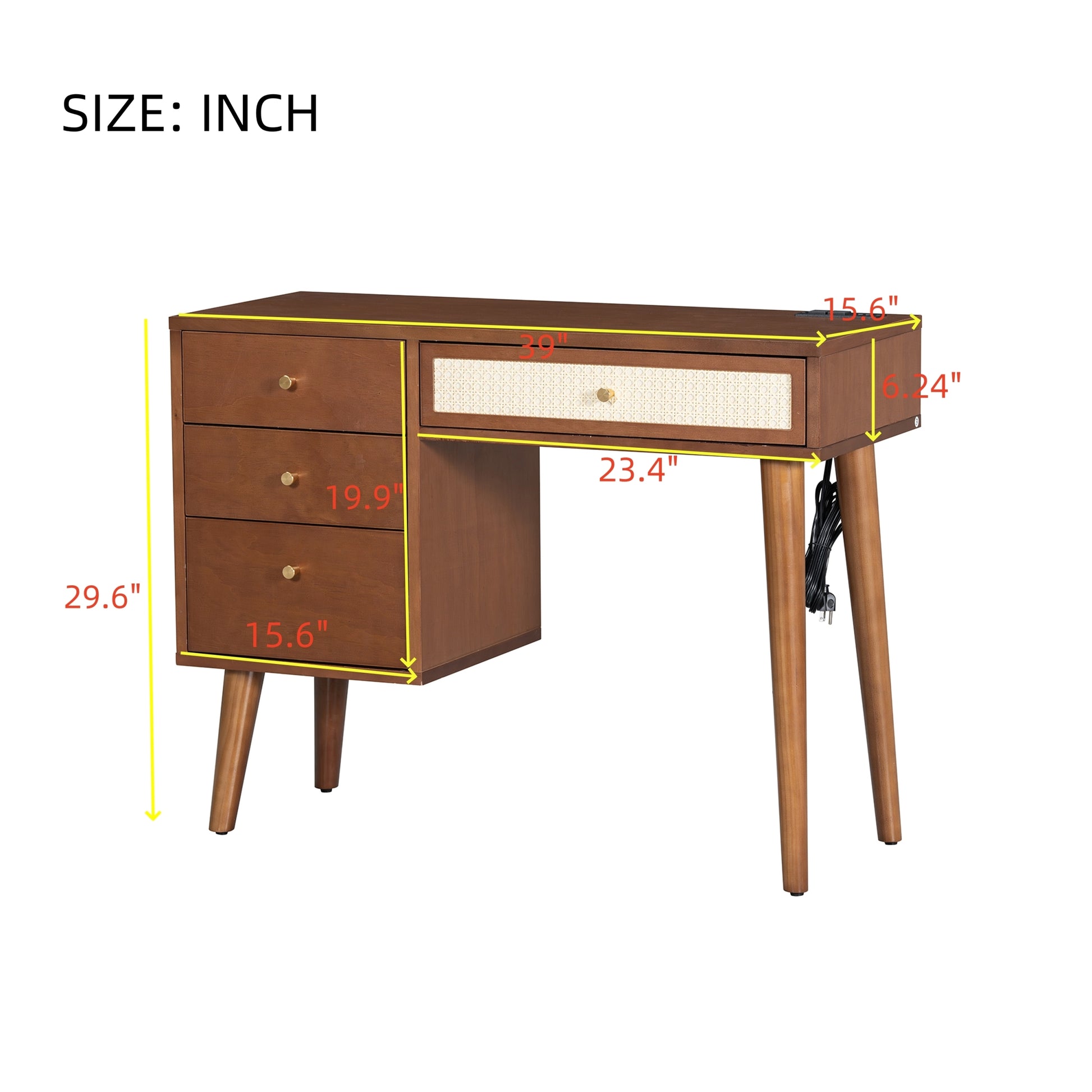 39" Retro Bohemian Style Wooden Makeup Vanity Set With Charging Plug&Usb Port And Stool, Dressing Table With 3 Storage Drawers And 1 Rectangular Rattan Drawer, Walnut Walnut 4 Drawers Wood