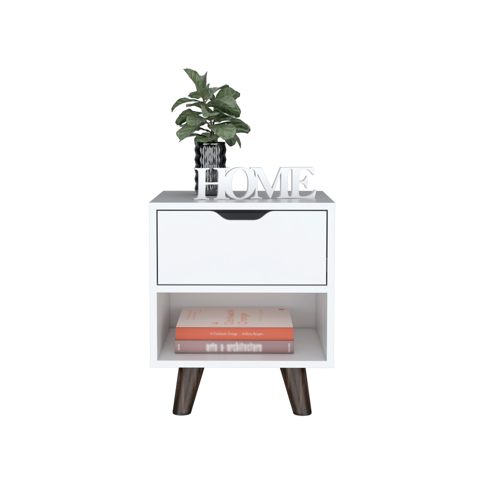 Modern Nightstand 19"H With Spacious Drawer, Open Storage Shelf And Chic Wooden Legs, White White Particle Board Particle Board