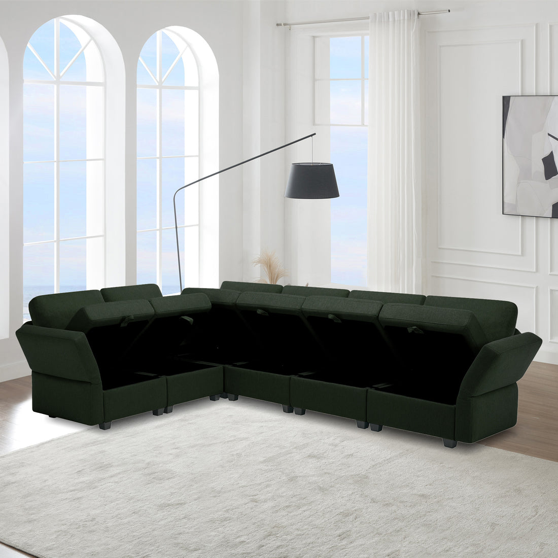 L Shaped Modular Sectional Corner Sofa Couch, 6 Seat Modular Sectional Sofa With Chaise For Living Room, Adjustable Arms And Backs Green Green Polyester 6 Seat