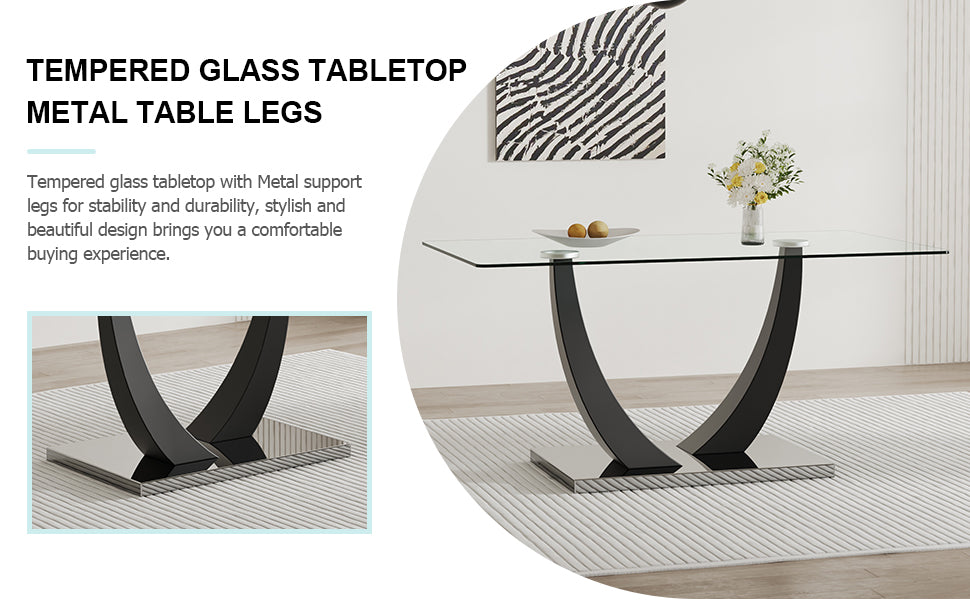 Table And Chair Set.Large Rectangular Glass Dining Table, 0.39 "Tempered Glass Countertop And Black Metal Shaped Bracket.Comes With Chairs With Faux Leather Cushions.Suitable For Kitchen, Dining Room. Black Seats 6 Glass Metal