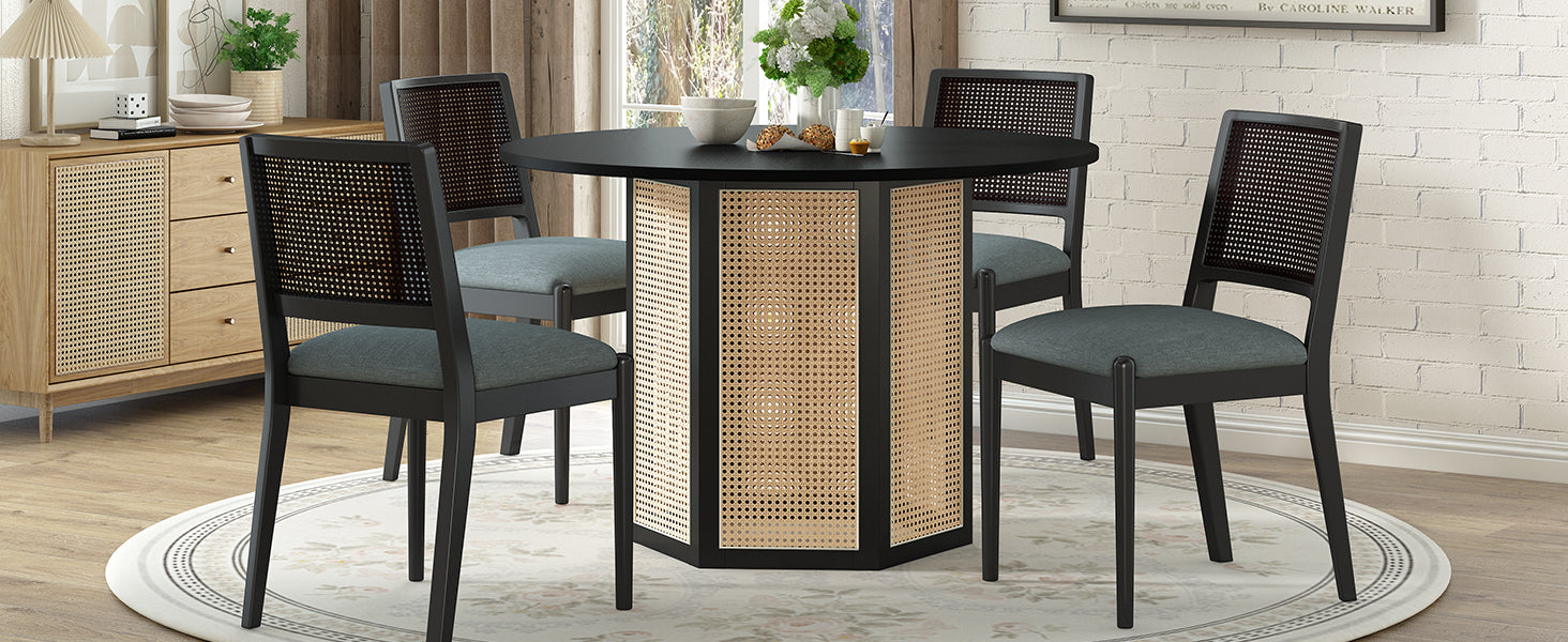 Piece Rattan Round Dining Table Set, Wood Table With Hexagonal Base