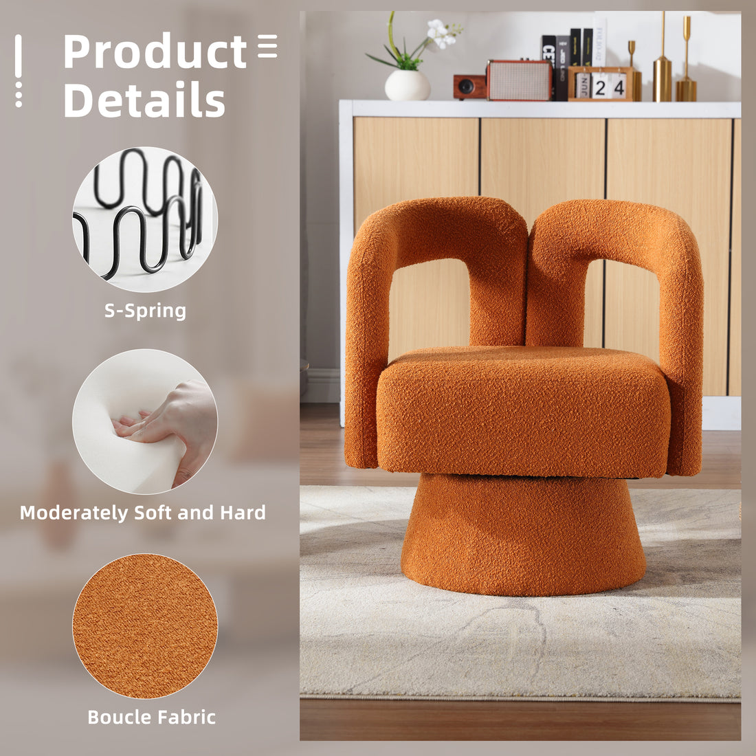 Coolmore 360 Degree Swivel Cuddle Barrel Accent Chairs, Round Armchairs With Wide Upholstered, Fluffy Fabric Chair For Living Room, Bedroom, Office, Waiting Rooms Orange Boucle Orange Foam Boucle