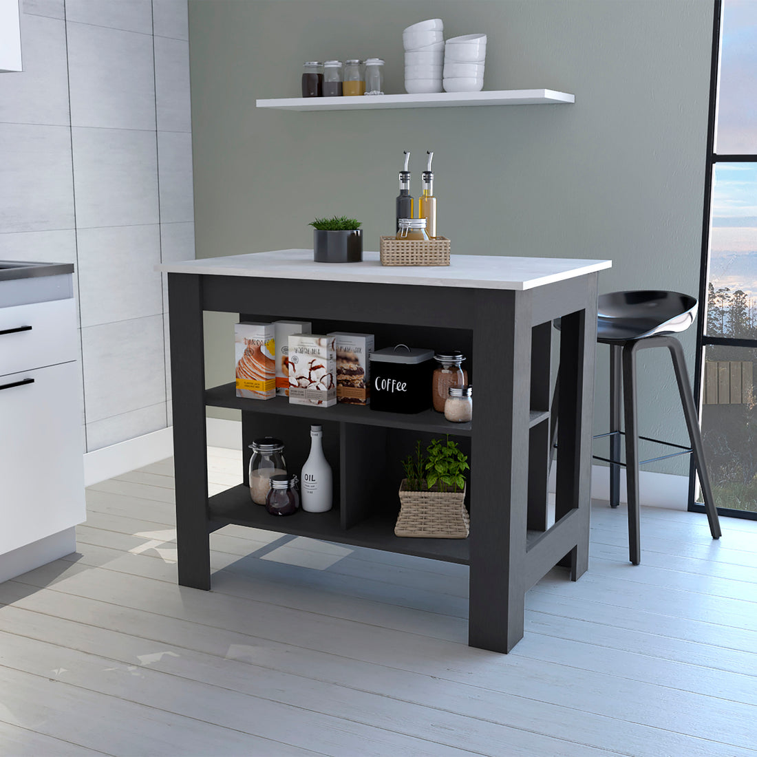 Brooklyn Kitchen Island, Three Concealed Shelves Multicolor Kitchen Contemporary,Modern Melamine Melamine