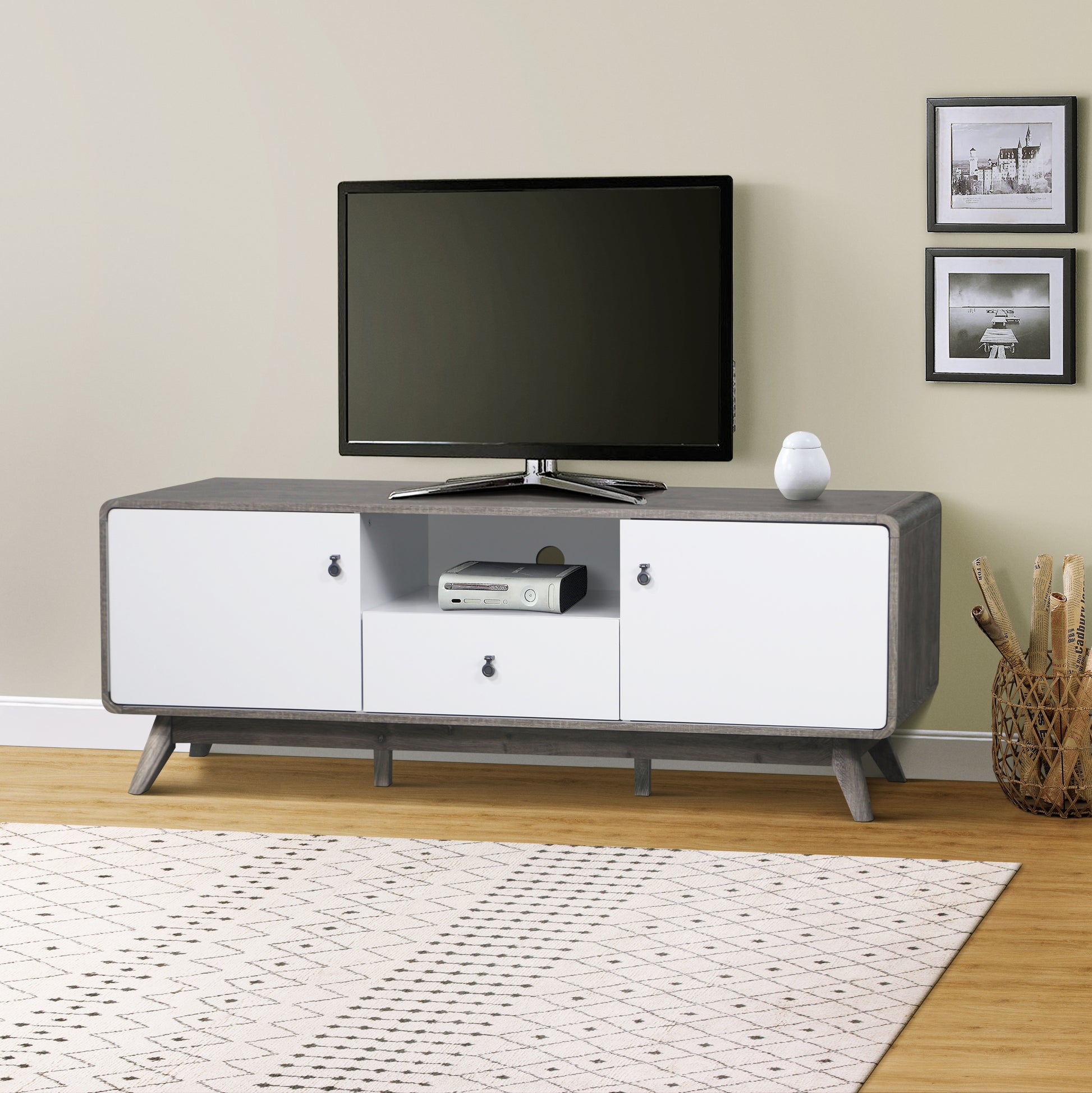 Tv Standcontemporary Two Tone Gray Oak And White Media Console Spacious Modern Tv Stand With Storage, Ideal For Living Room Entertainment Center, Fits Up To 85 Inch Tvs Warm Grey White 80 89 Inches Solid Wood