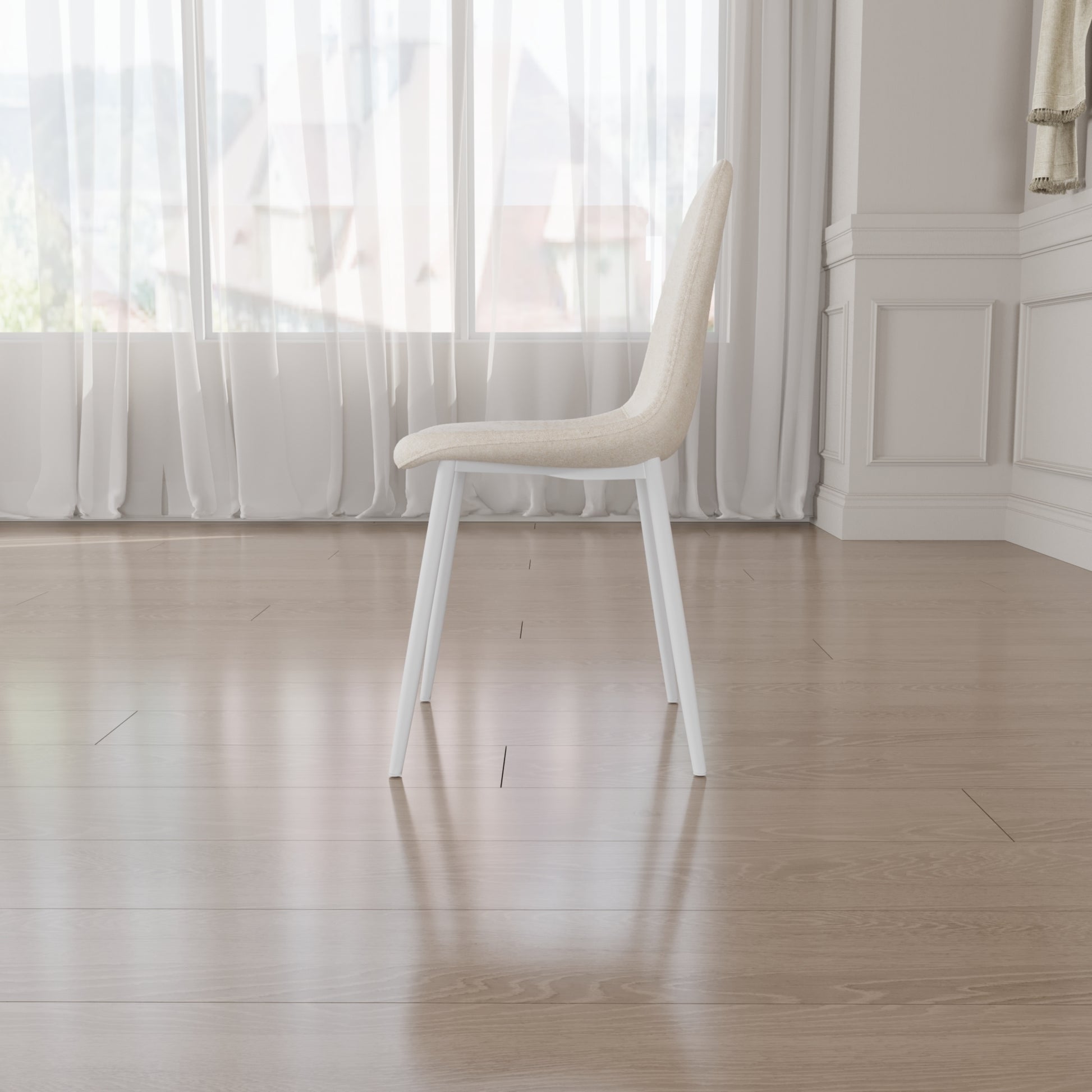 63 "Mdf Cream Style Coffee Table And Modern Dining Chair 4 Piece Set, Modern Fashion Kitchen Table Set, Round Wave Table Legs, Dining Table And Linen Chair Beige White Mdf