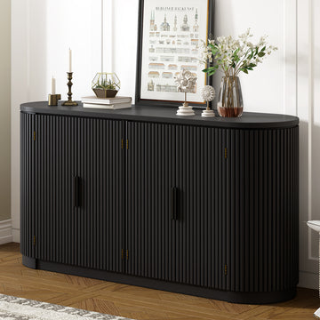 Vertical Striped Door Storage Cabinet With Metal Handles, Adjustable, Suitable For Study, Entryway And Living Room Black Mdf