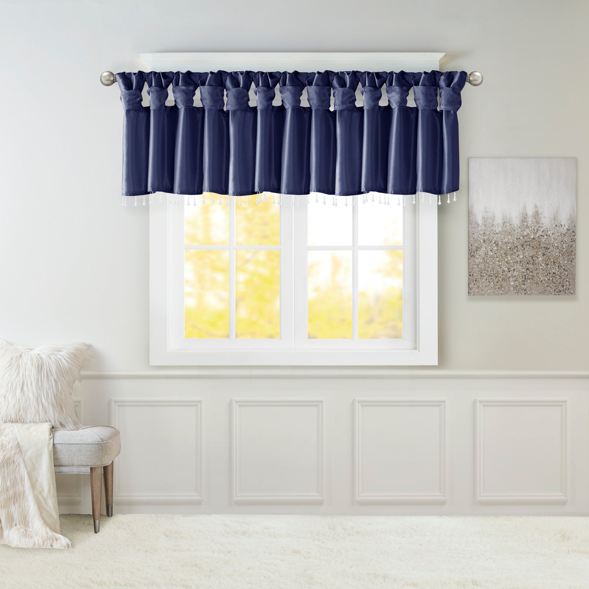 Lightweight Faux Silk Valance With Beads Navy 50X26" Navy Polyester