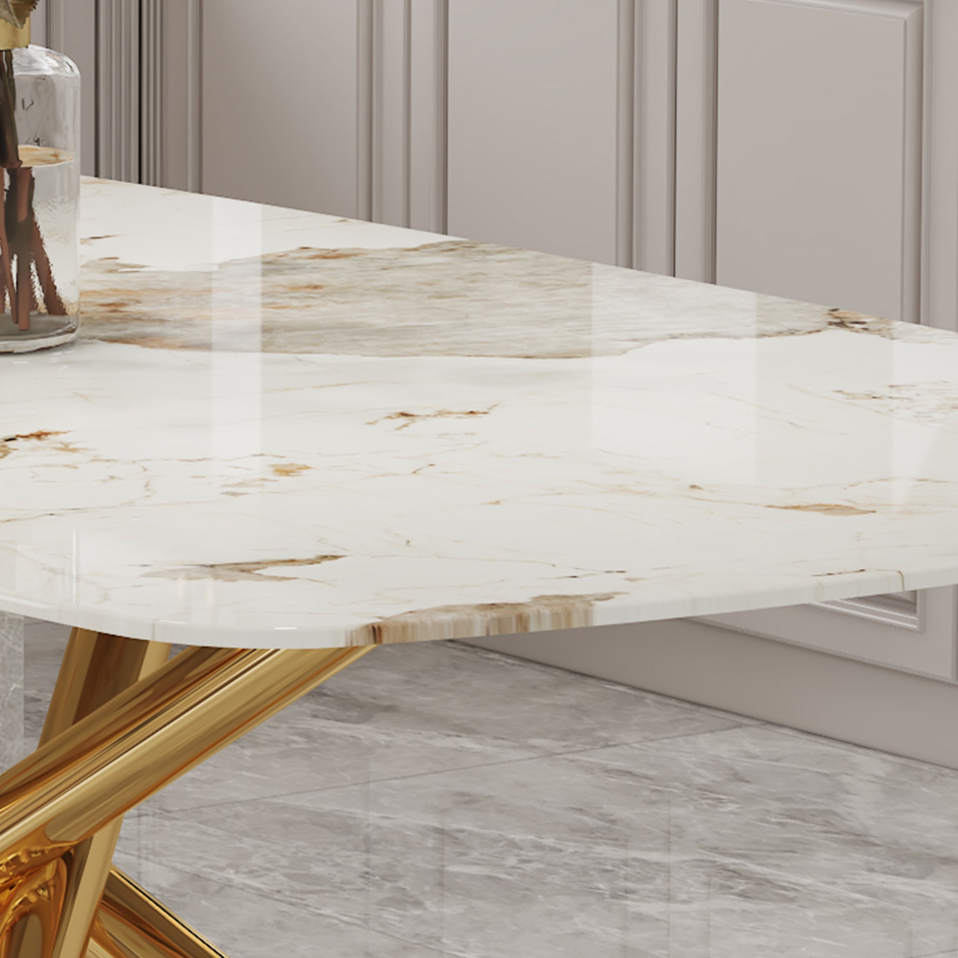 Large Modern Minimalist Rectangular Dining Table With 0.39 "Imitation Marble Tabletop And Golden Metal Legs, Suitable For Kitchen, Dining Room, Living Room, Conference Room, W1151S00987 Gold Glass Metal