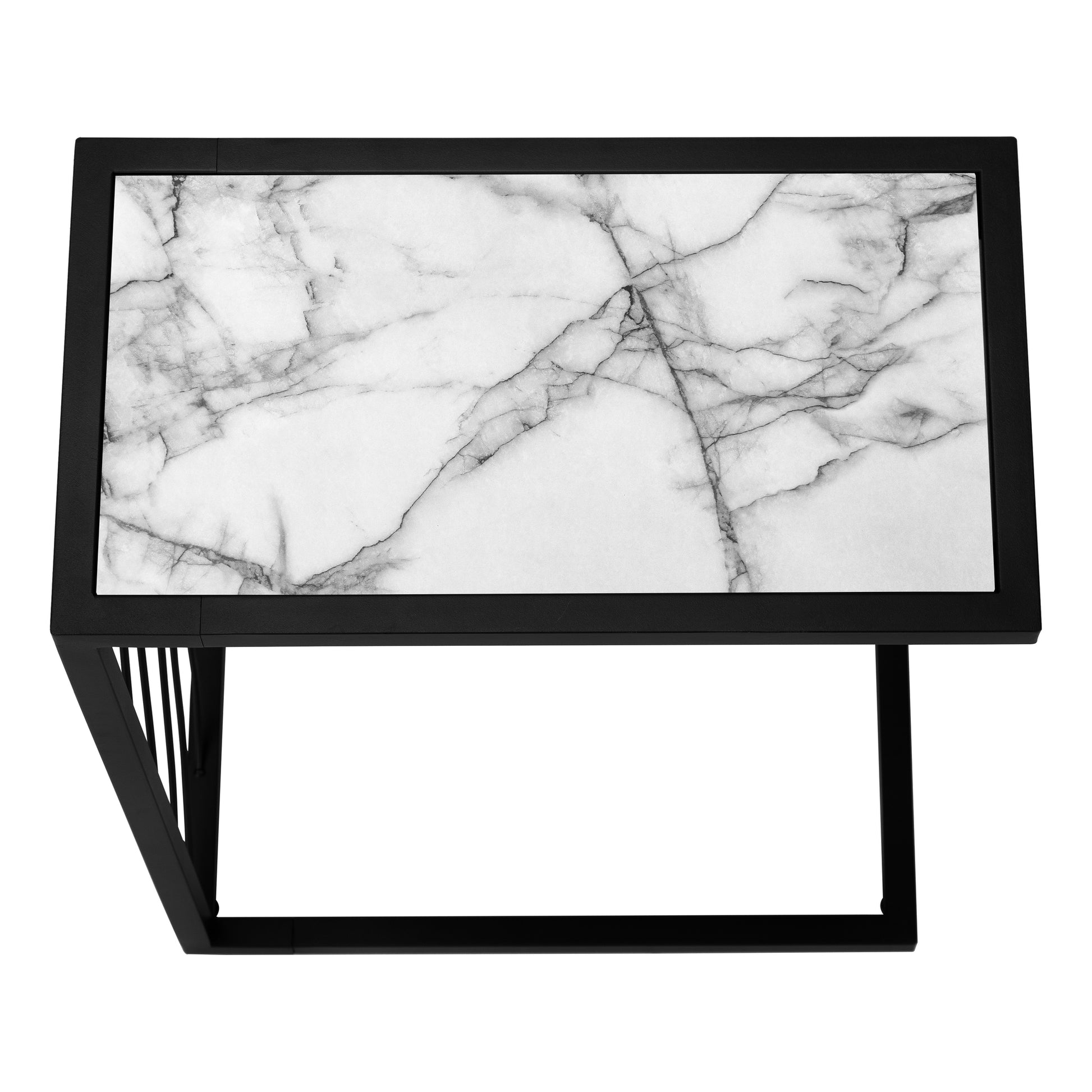 Accent Table, C Shaped, End, Side, Snack, Living Room, Bedroom, White Marble Look Laminate, Black Metal, Contemporary, Modern White Metal