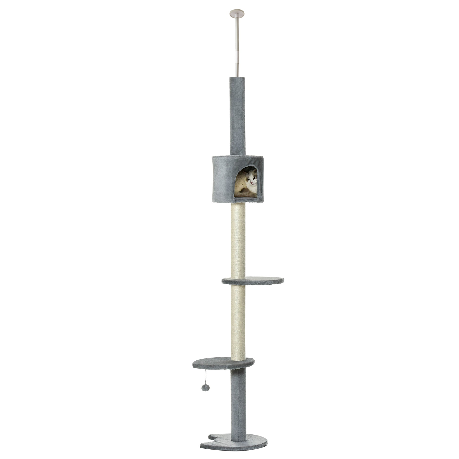 Pawhut 85.5" Cat Tree Height Adjustable Floor To Ceiling 4 Tier Kitty Climbing Activity Center Condo Cat Toy With Scratching Post Hanging Balls Play Rest Post Pet Furniture Grey Light Grey Particle Board