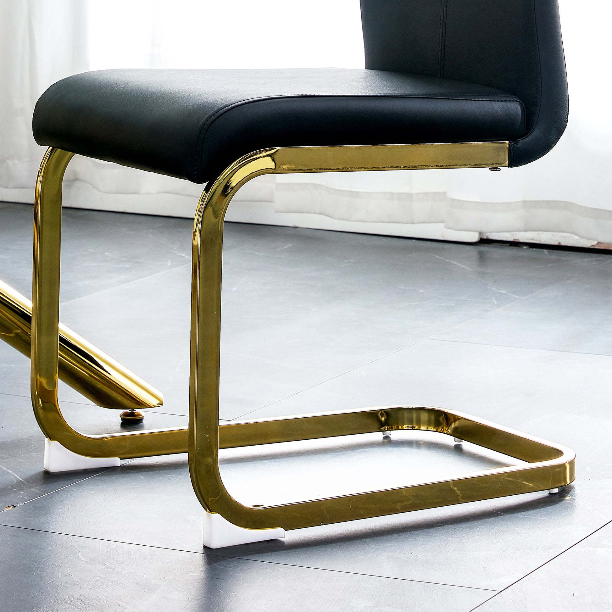 Table And Chair Set, The Table Is Equipped With A Marble Patterned Mdf Tabletop And Gold Table Legs.The Chair Is Equipped With Pu Synthetic Leather High Back Cushion And Gold Coated Metal Legs. Gold Black Seats 4 Mdf Metal