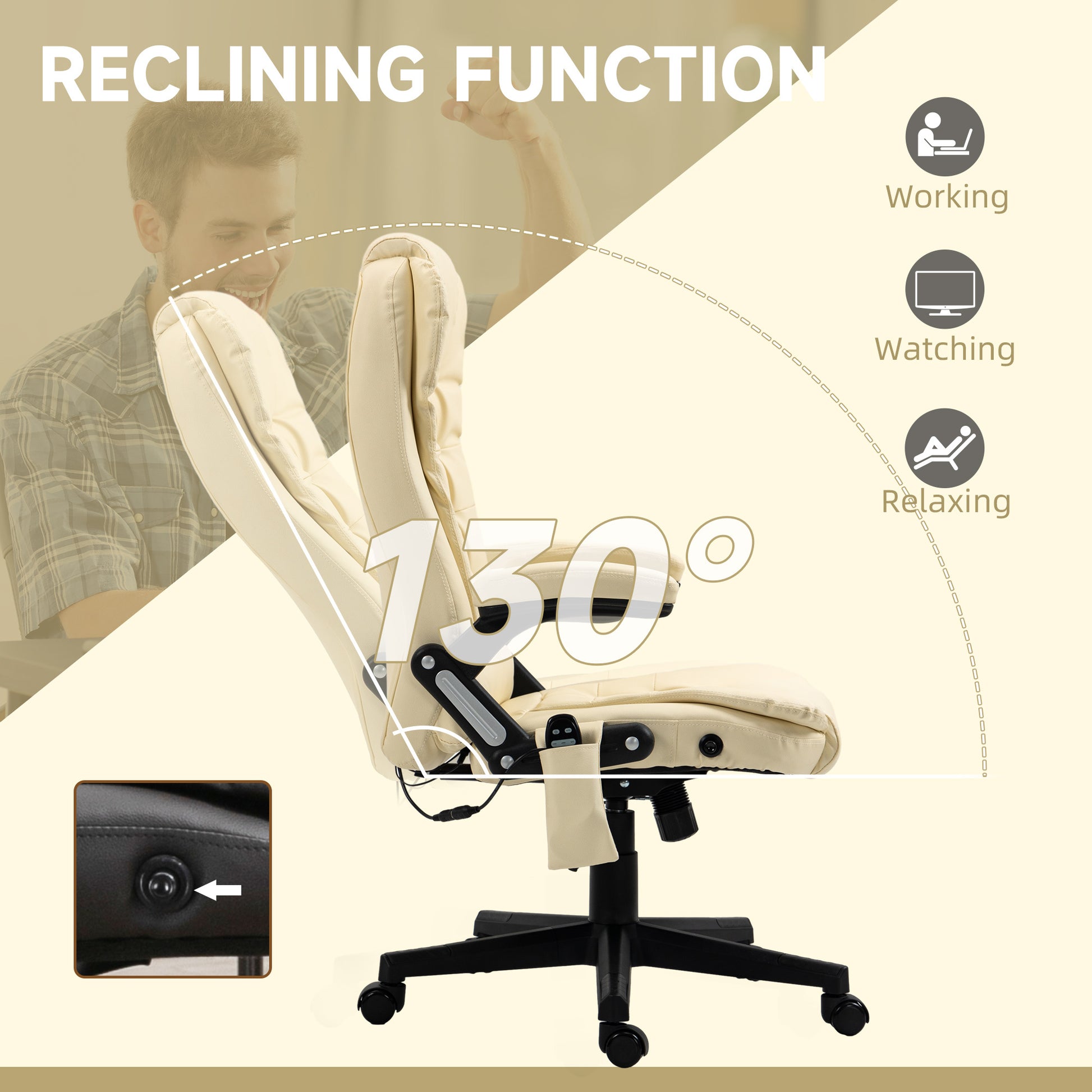 Homcom High Back Vibration Massage Office Chair With 6 Vibration Points, Heated Reclining Pu Leather Computer Chair With Armrest And Remote, Beige Beige Pu