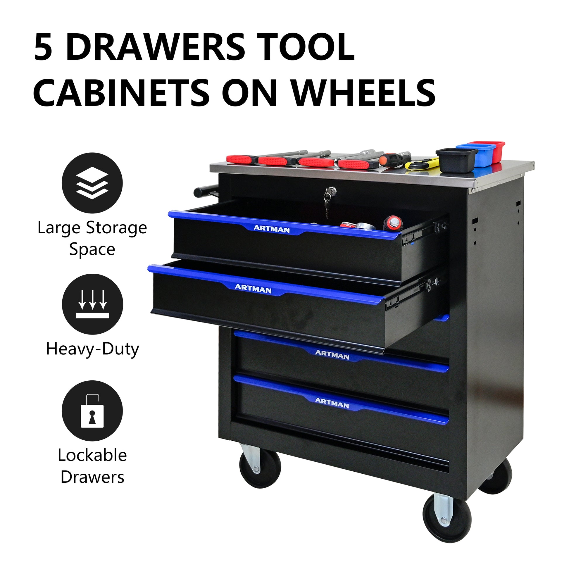 5 Drawers Multifunctional Tool Cart With Wheels Black Blue Black Blue Metal