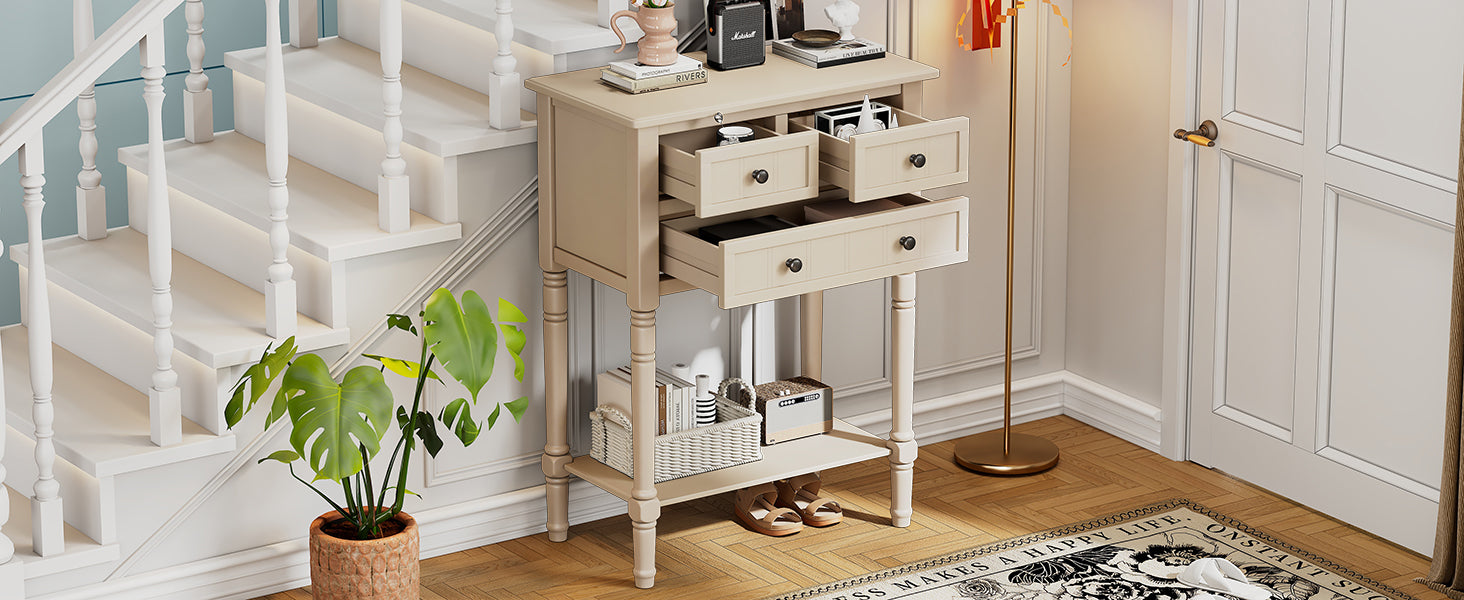 Narrow Console Table, Slim Sofa Table With Three Storage Drawers And Bottom Shelf Beige Beige Solid Wood Mdf