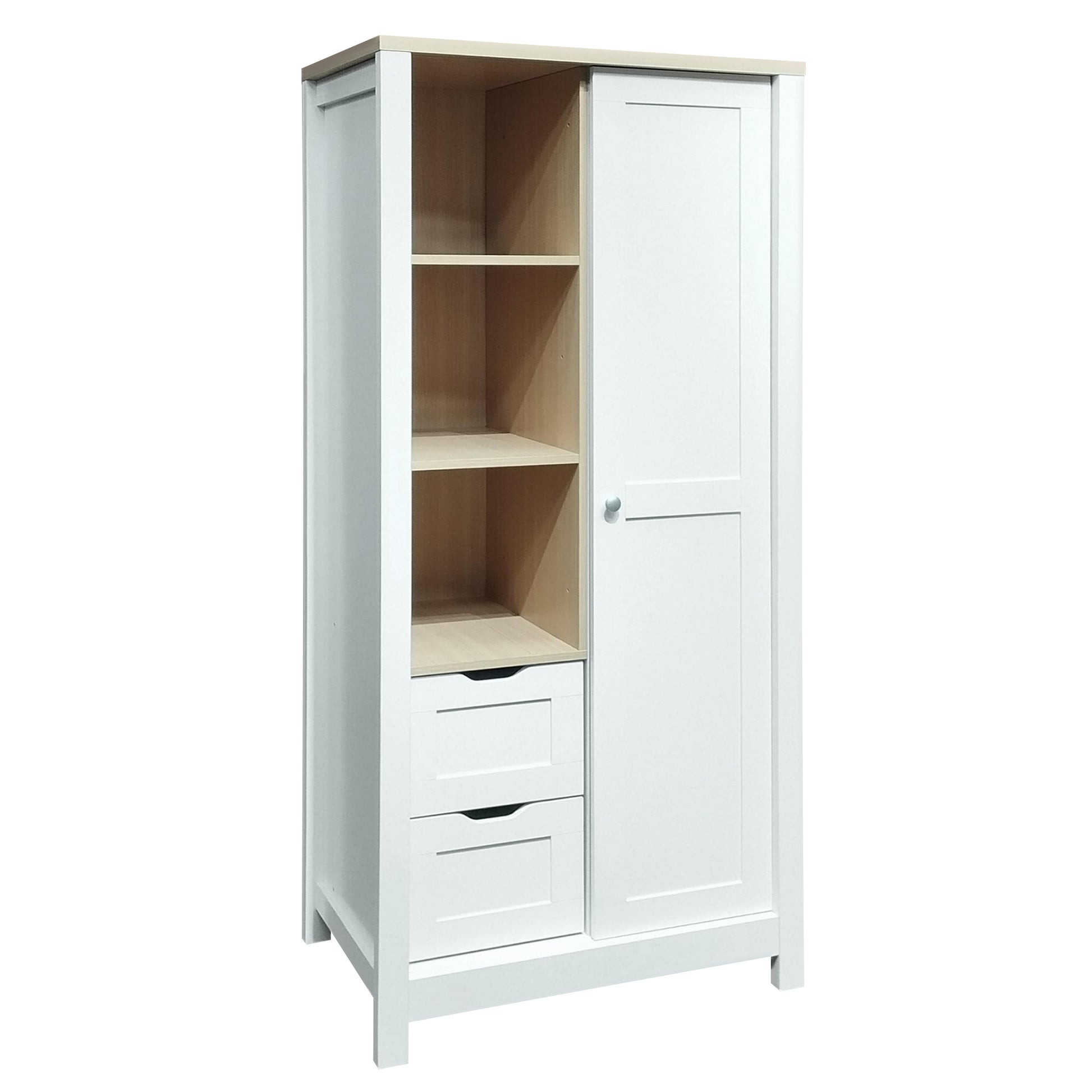 Bedroom Storage Wardrobe With Hanging Rods And 2 Drawers And Open Shelves,Sliding Door,White White Mdf