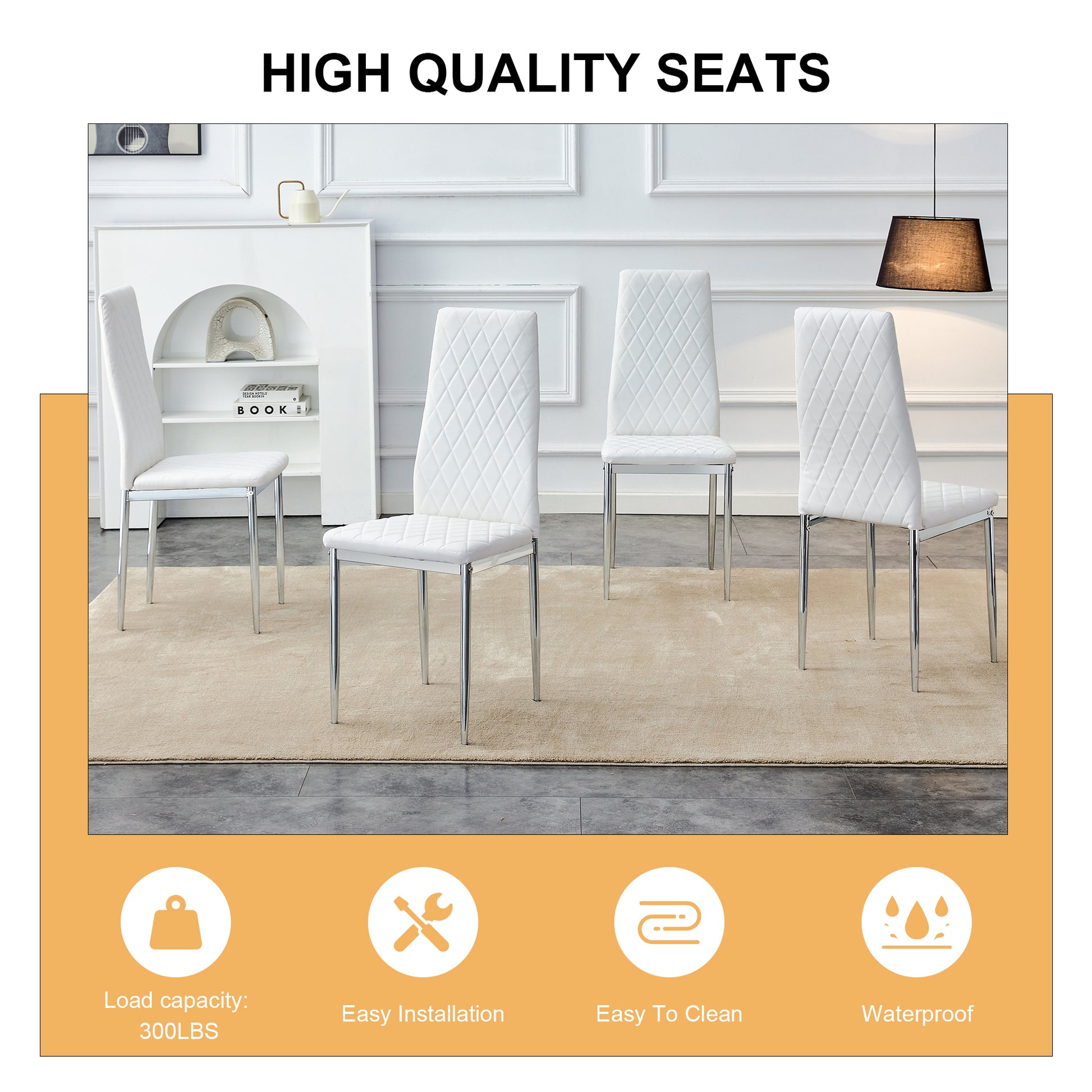 Grid Armless High Backrest Dining Chair, 6 Piece Set Of White Chairs And Plated Silver Legs, Office Chair. Suitable For Restaurants, Living Rooms, Kitchens, And Offices. 0924 White Foam Pu