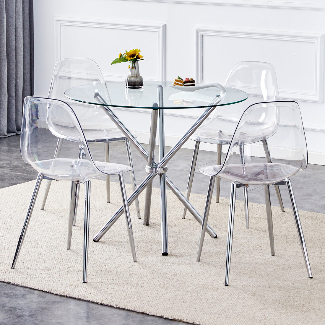 Table And Chair Set.36.6"Round Clear Glass Dining Table With A Unique Shape With Ring Shaped Gathered Silver Metal Legs.Paired With 4 Transparent High Quality Pp Dining Chairs With Silver Legs.