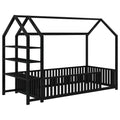 Twin Size Metal House Bed With Fence And Detachable Storage Shelves, Black Twin Black Metal